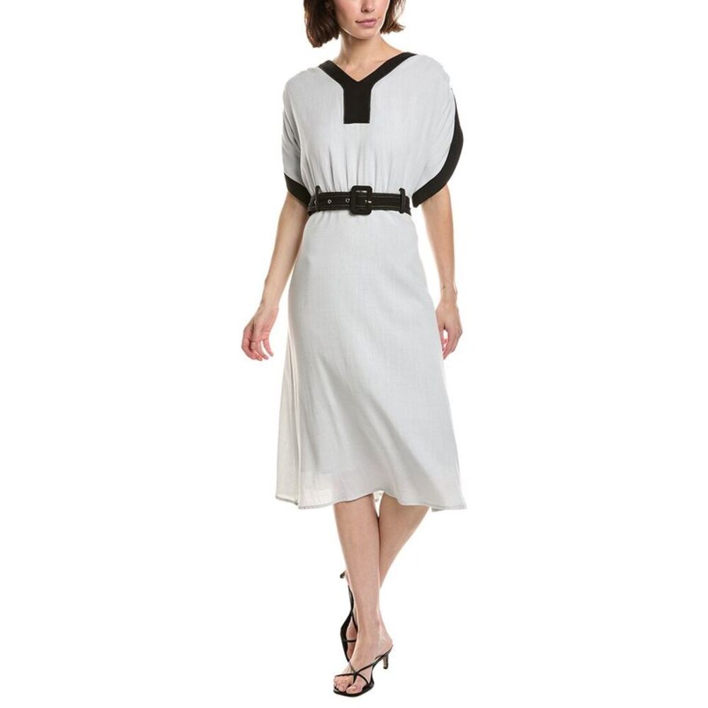 Pascale La Mode Womens  V-Neck Belted Linen-Blend Midi Dress, Grey